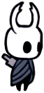 The Knight from Hollow Knight, a small creature with a cloak covering their body and a white mask covering their whole head. Their mask has tall curved horns that split into two points at the end and a nail is attached to their back.